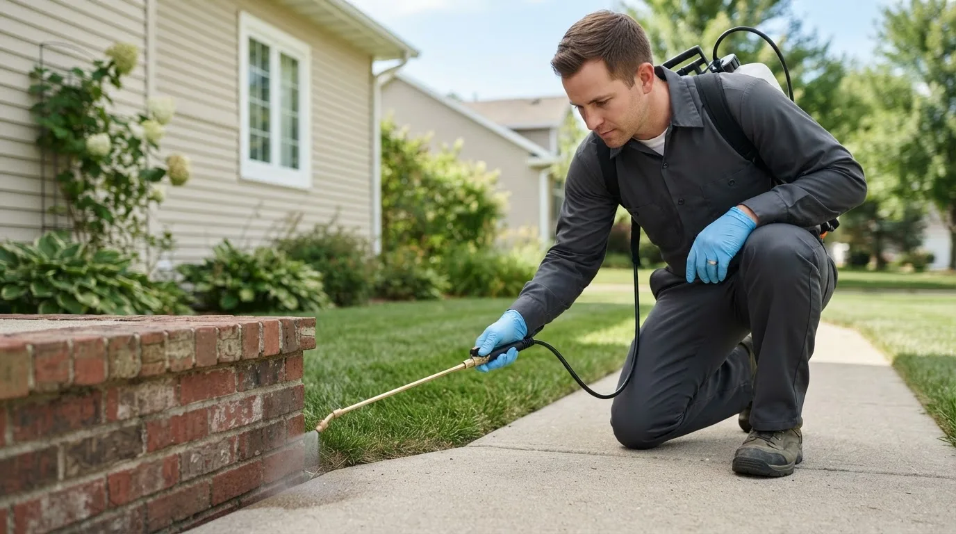 Pest control technician treating a home near Rossburg, OH